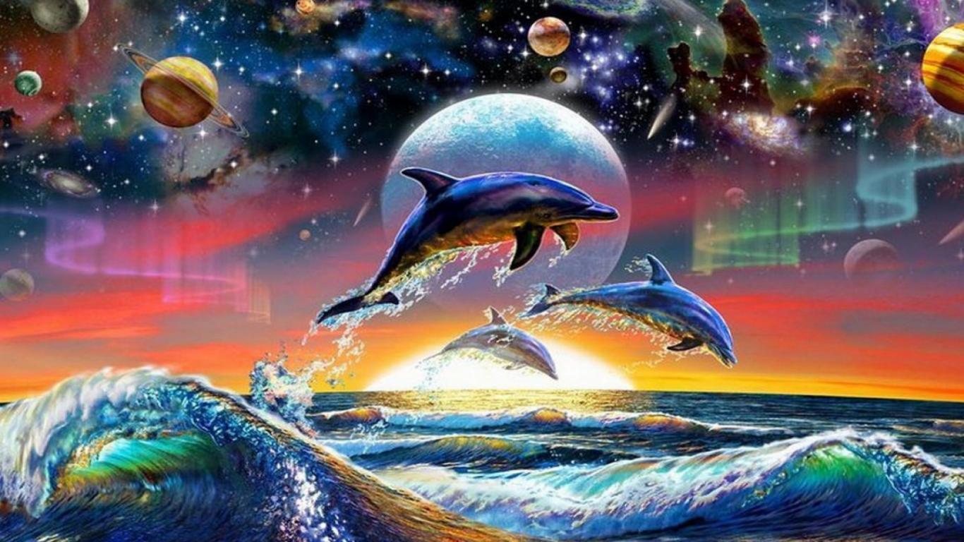 Dolphins majestically leaving behind the problems of earth as they ascend to the stars